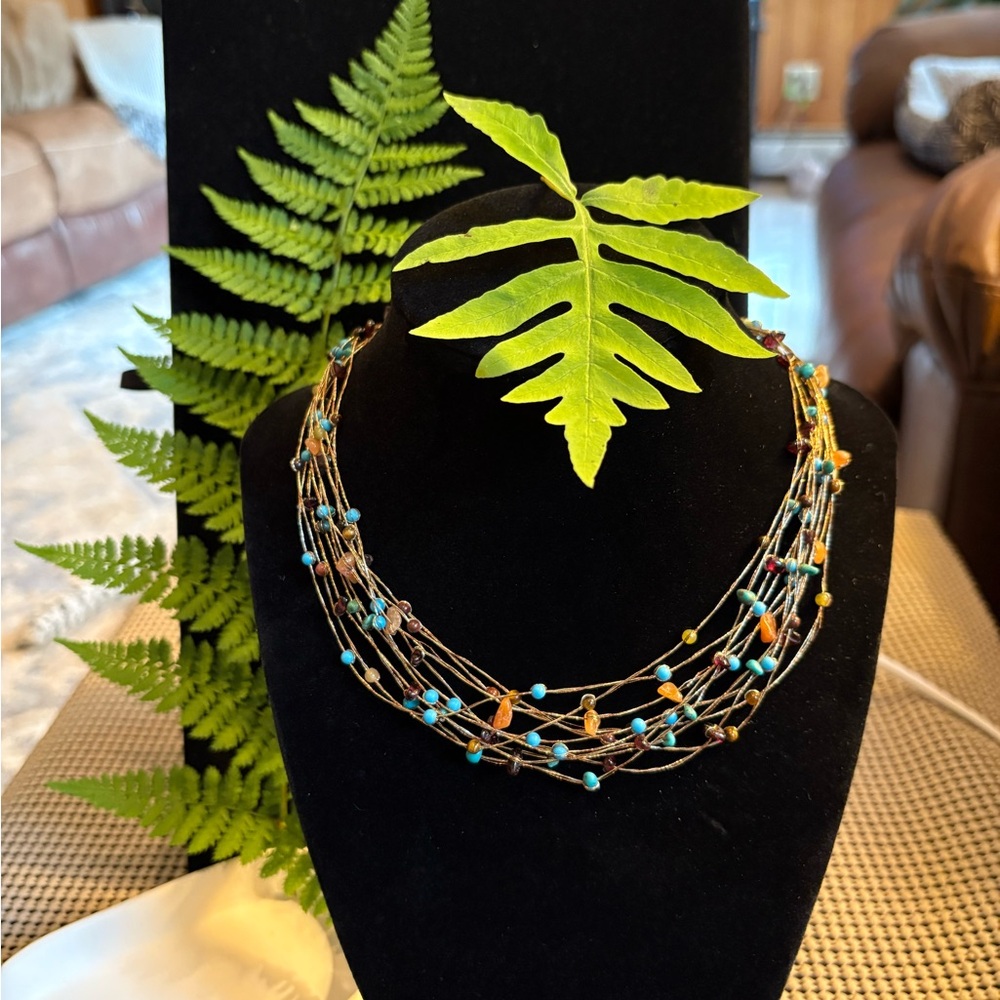 Semi-precious Gemstones on Gold String Necklace